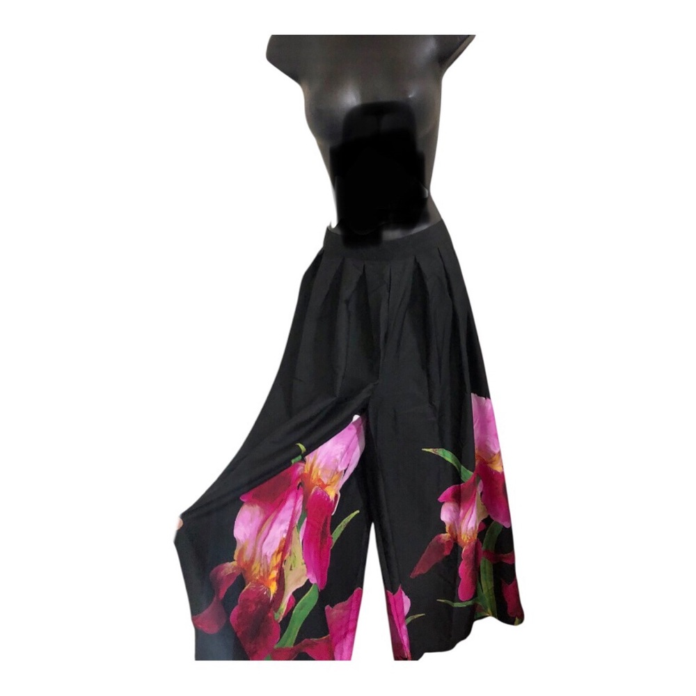 Black pink hibiscus floral tropical print hem wide leg flowy pants size XL new - Picture 1 of 17
